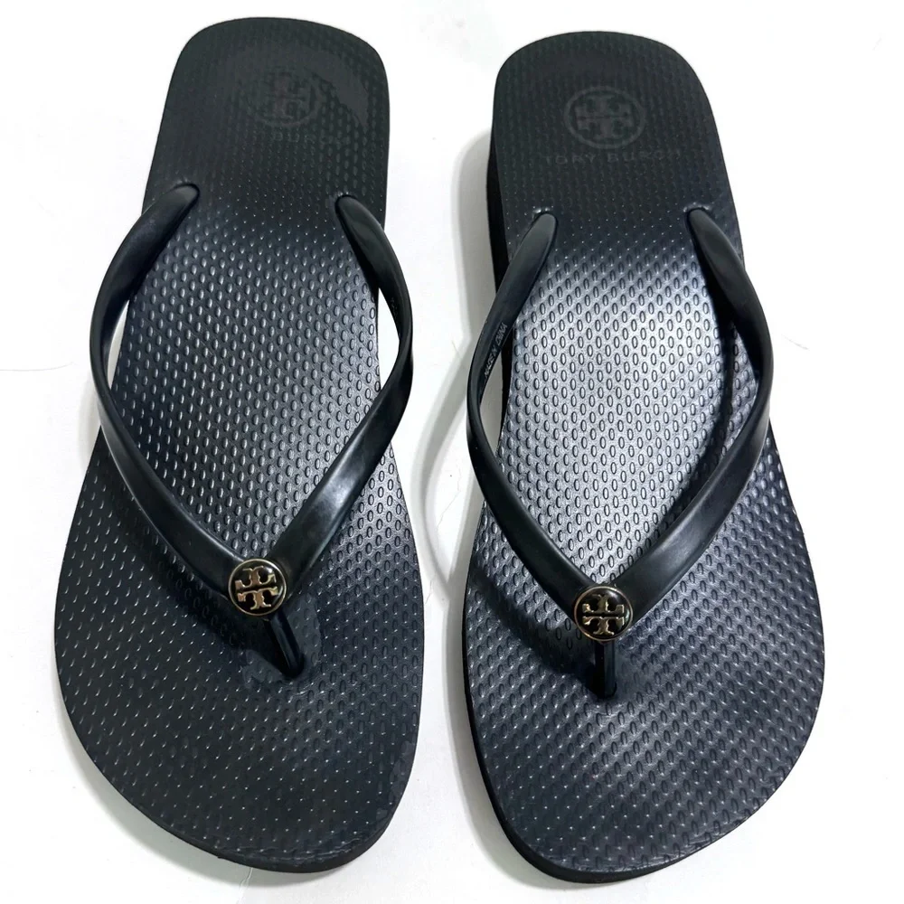 Tory Burch Black Cutout Wedge Flip Flop Platform Sandals Size 9.5